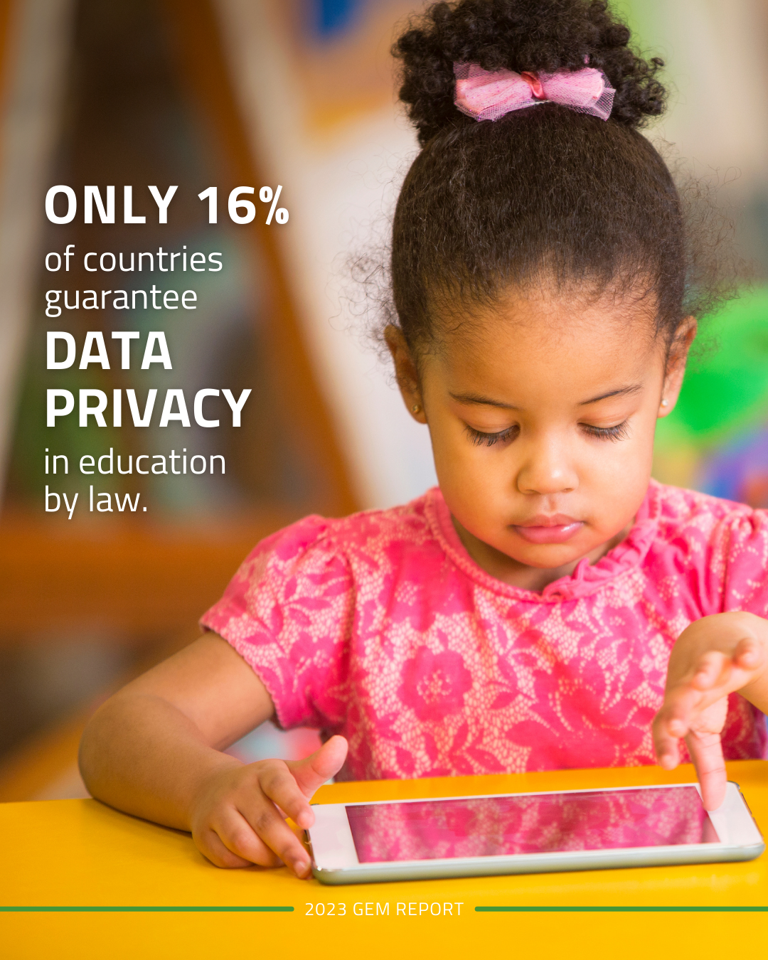 Image of girl in pink top looking at screen on desk. Text reads ONLY 16% of countries guarantee DATA PRIVACY in education by law.