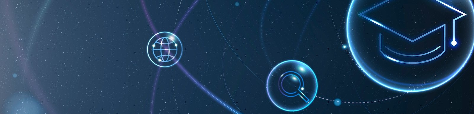 Futuristic image suggestive of education and digital technologies Image with blue digital background showing student cap, magnifying glass and web sign in bubbles, linked by lines suggestive of digital technology