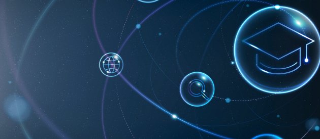 Futuristic image suggestive of education and digital technologies Image with blue digital background showing student cap, magnifying glass and web sign in bubbles, linked by lines suggestive of digital technology