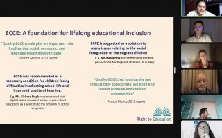 Zoom call screenshot showing panelists on right hand side and slide with text