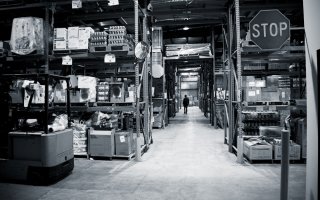 Black and white image of a food bank warehouse