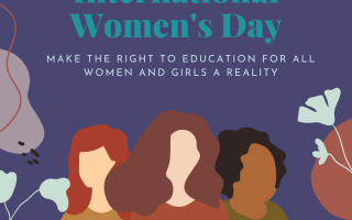 International Women's Day 2021 Graphic showing three women on puple background