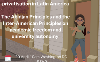 Cartoon image of girl with backpack outside a school with text which reads: Mesa redonda sobre el derecho a la educación y la privatización en América Latina Los Principios de Abiyán y los Principios Interamericanos sobre Libertad Académica y Autonom