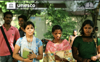 Front cover of new publication showing image of three women walking on a university campus. Text reads 'Right to higher education: unpacking the international normative framework in light of current trends and challenges'