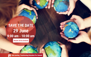 Hands holding small globes with detail advertising event written over the top