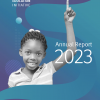 Image of smiling girl pointing upwards, on blue and purple background with text which reads 'Right to Education Initiative. Annual Report 2023'